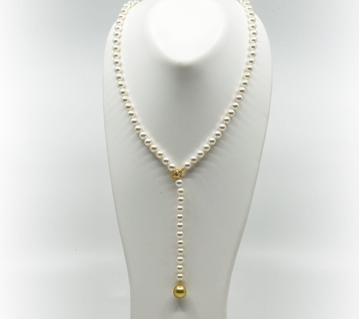 Japanese Akoya pearl lariat with a Golden South Sea drop